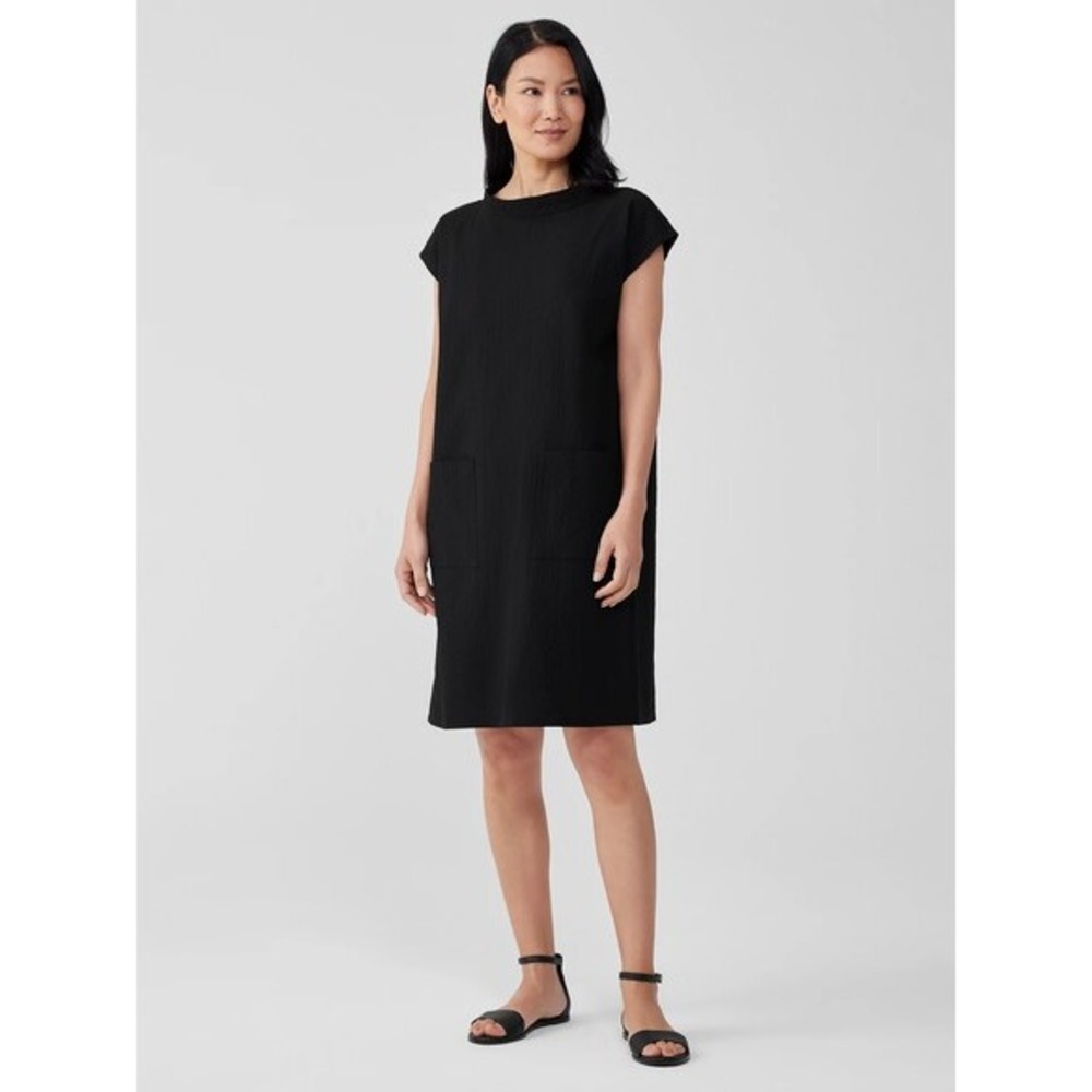 Eileen Fisher Organic Cotton Pucker Mock Neck Dress Pockets Black Small
